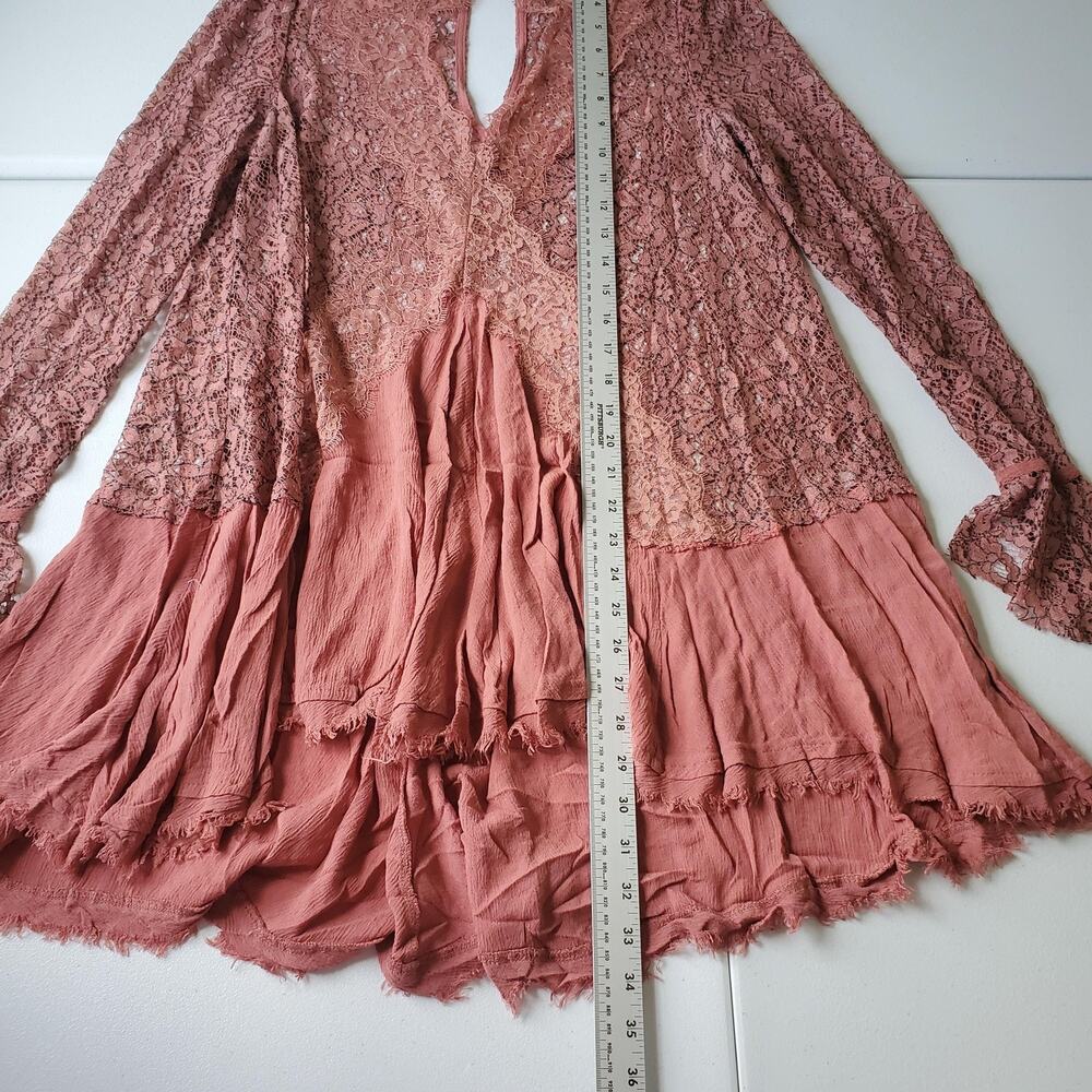 Free People Dress Womens Large Pink Lace Trapeze Mini Bell Sleeve Sheer Boho - Picture 5 of 9